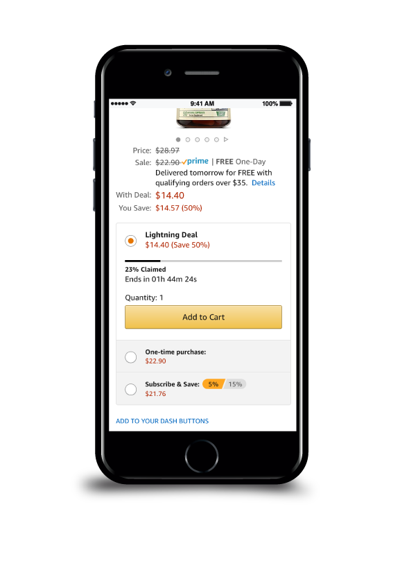Mobile web example of finished buy box treatment with Lightning deal and subscribe and save.